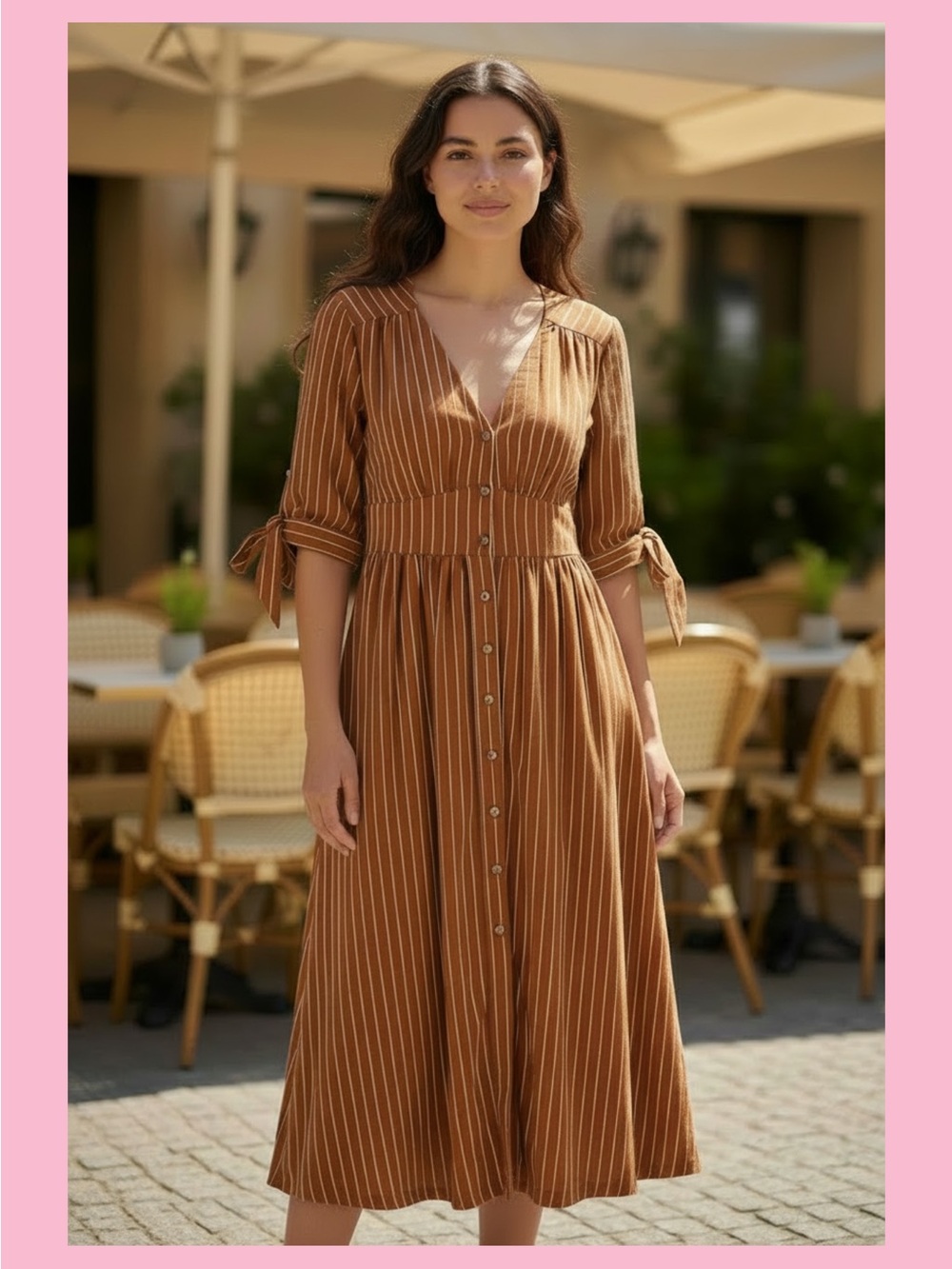 By Together Brown Striped Button-Front Midi Dress